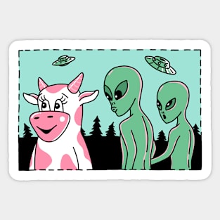 TWO ALIENS AND A COW Sticker